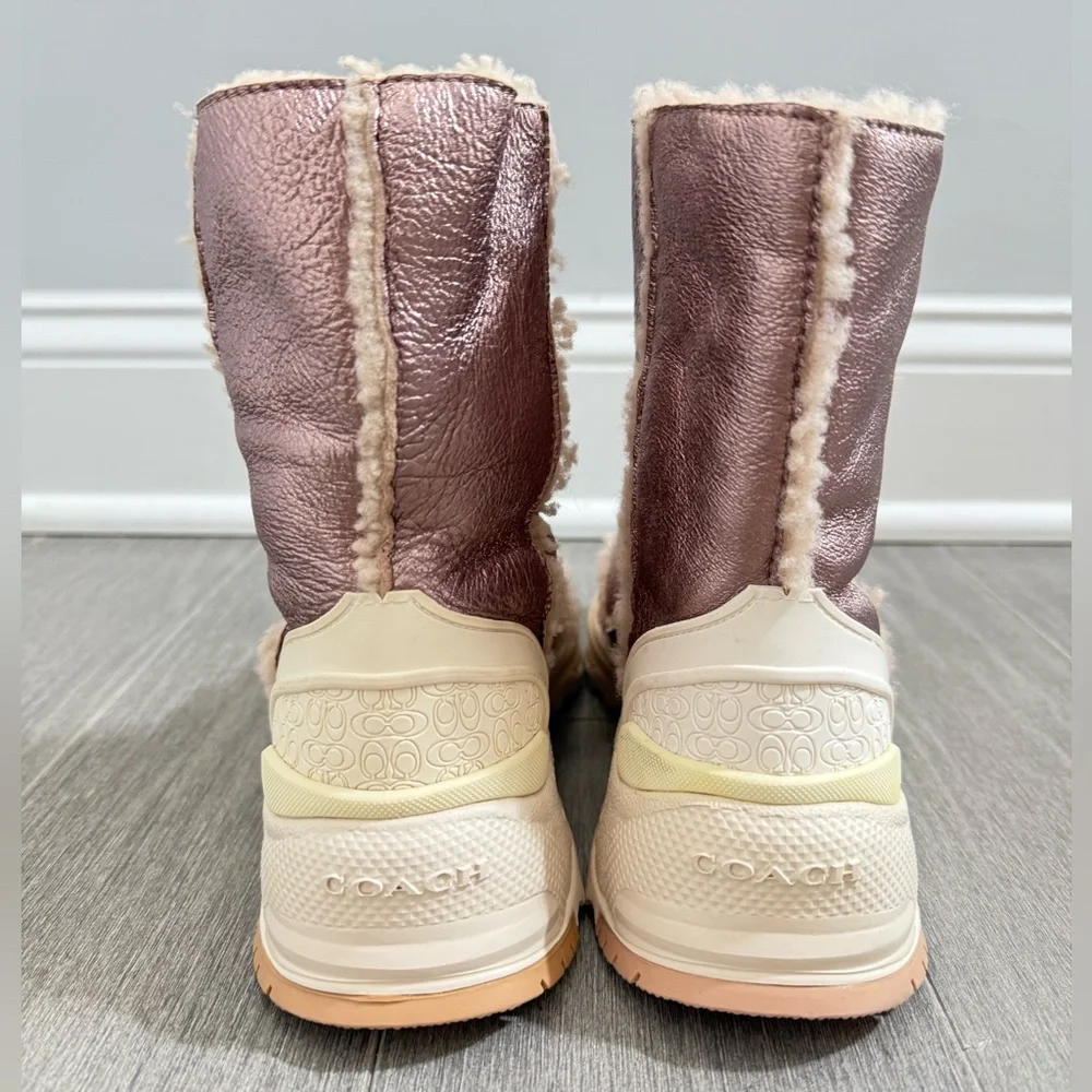 NEW Coach Portia Cold Weather Bootie Pink Metallic Rose Gold Shearling Boot 5